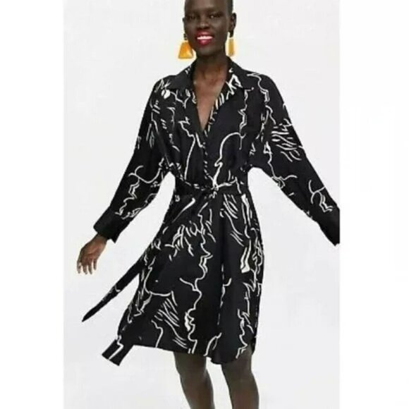 Zara Black White Abstract Print Tunic Midi Dress Size Medium‎ - Picture 2 of 14